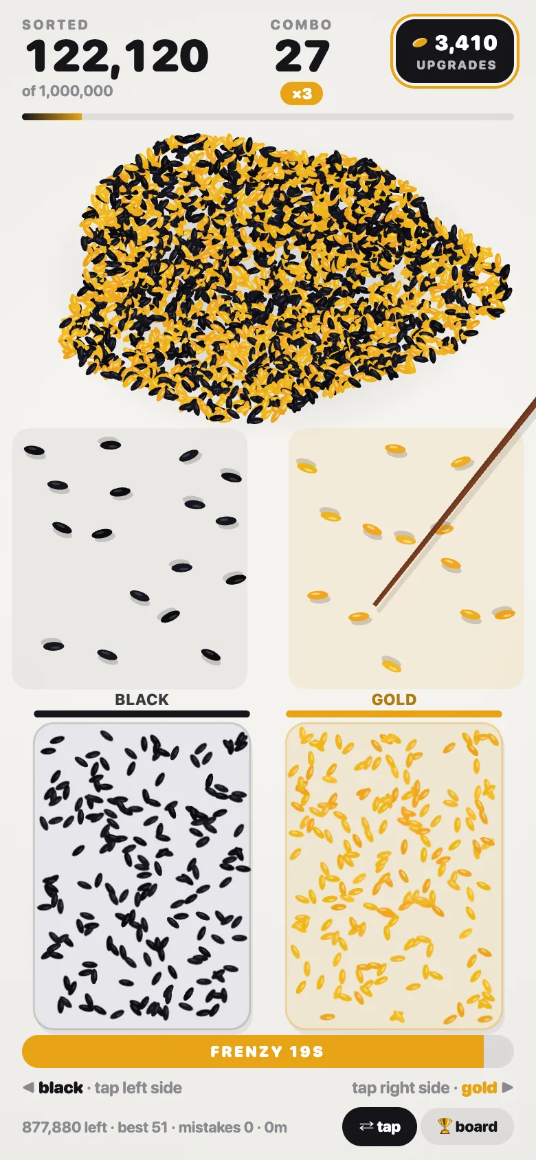 Rice Sort during frenzy: the table split into a black side and a gold side