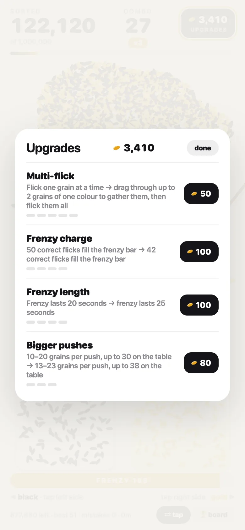 Rice Sort upgrades panel: multi-flick, frenzy charge, frenzy length and bigger pushes