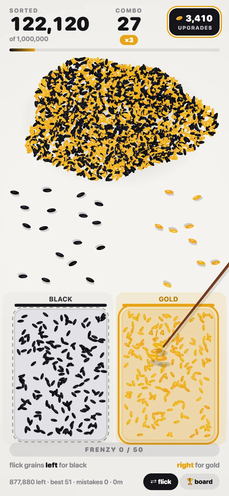 Rice Sort in flick mode: a bunch of gold grains held over the gold tray