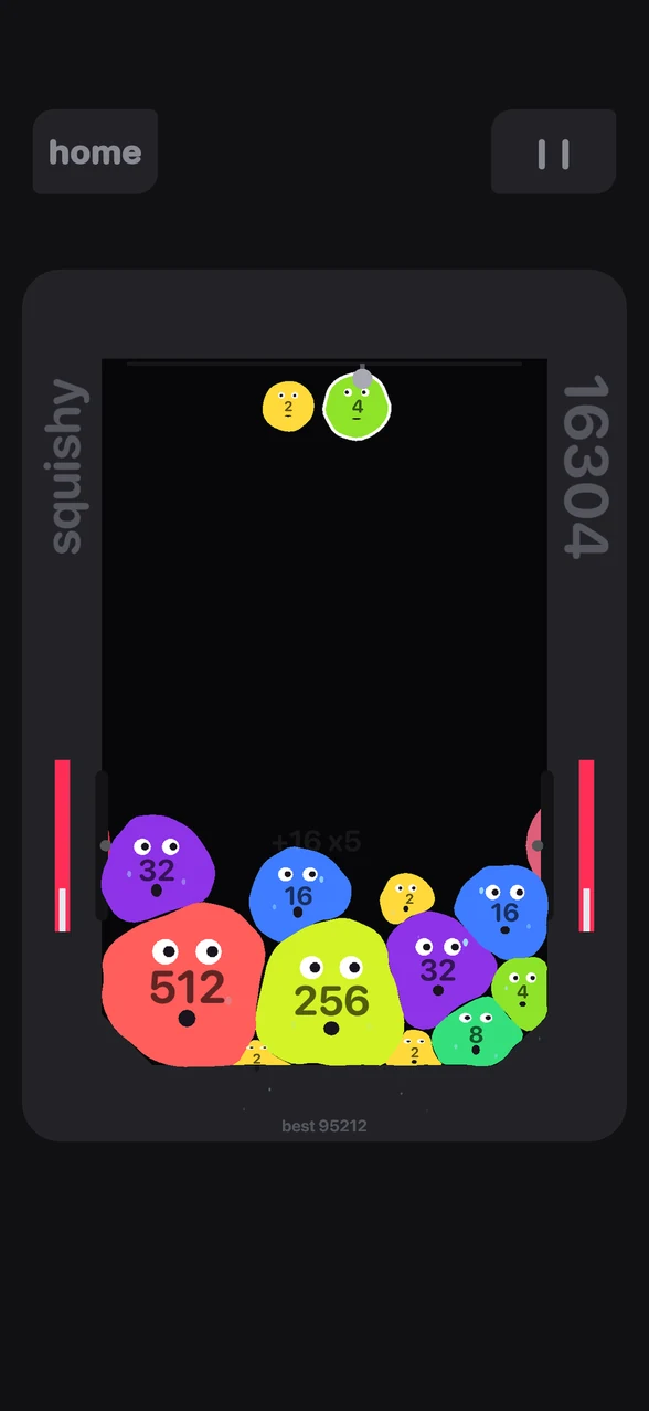 Squishy 2048 danger state with both pressure bars nearly full