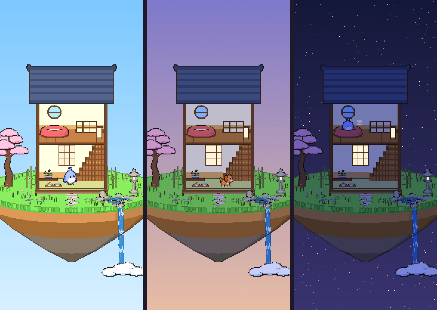 The pet's house on a floating island at day, dusk and night