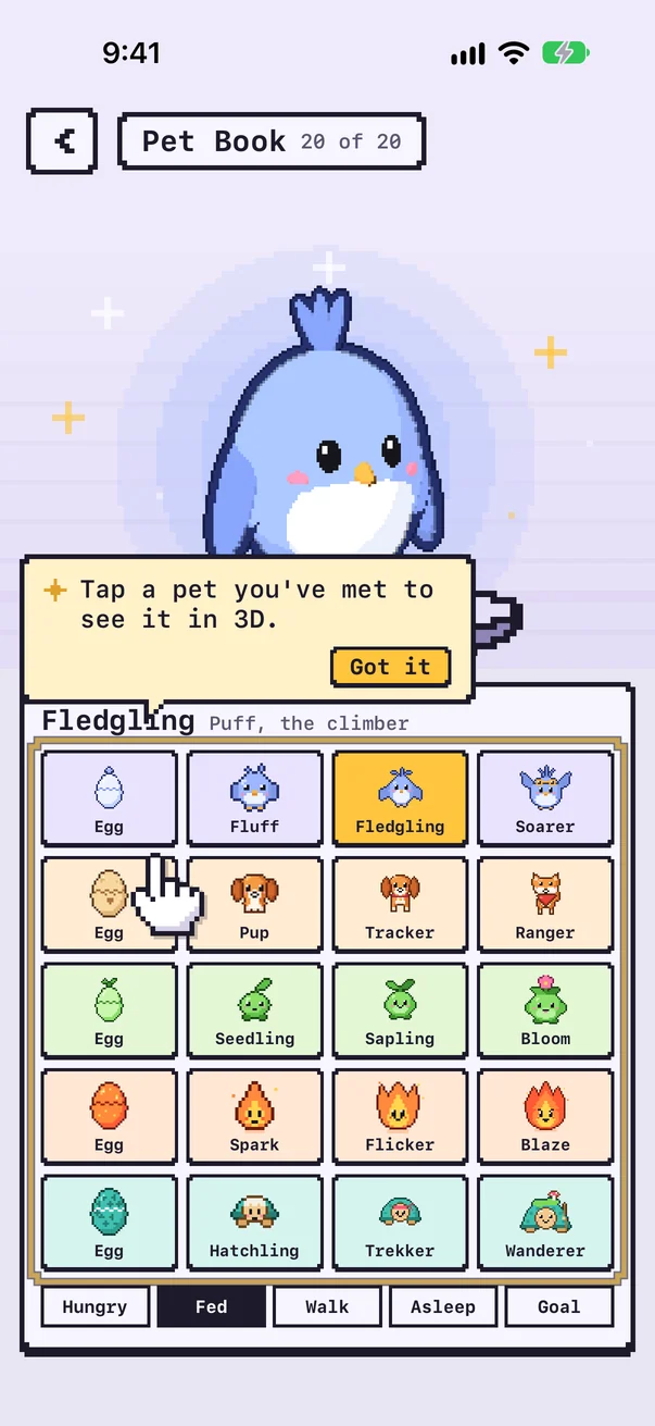 The Pet Book: every pet and stage, with Pip the Fledgling shown in 3D