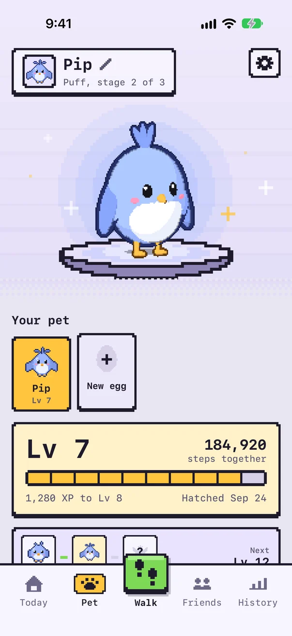 Pet tab showing Pip the Fledgling at level 7