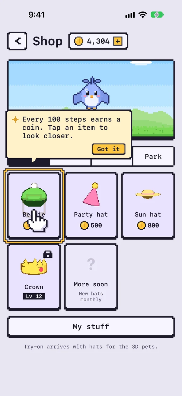 Shop: hats bought with coins earned by walking