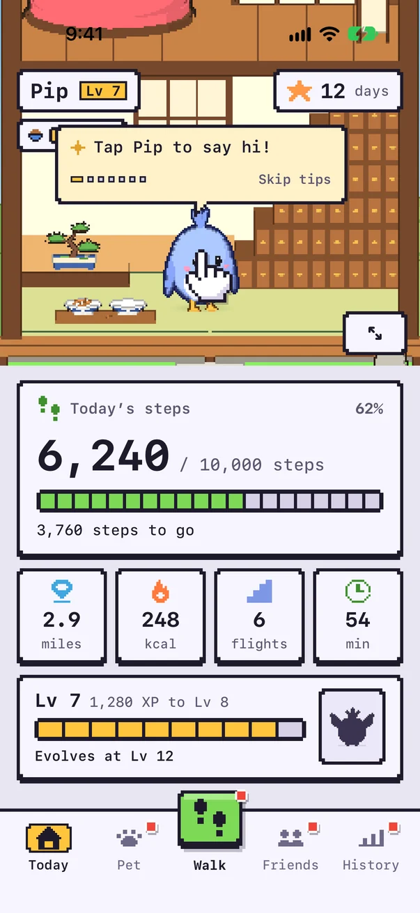 Step Tomo Today screen with Pip at home and 6,240 steps