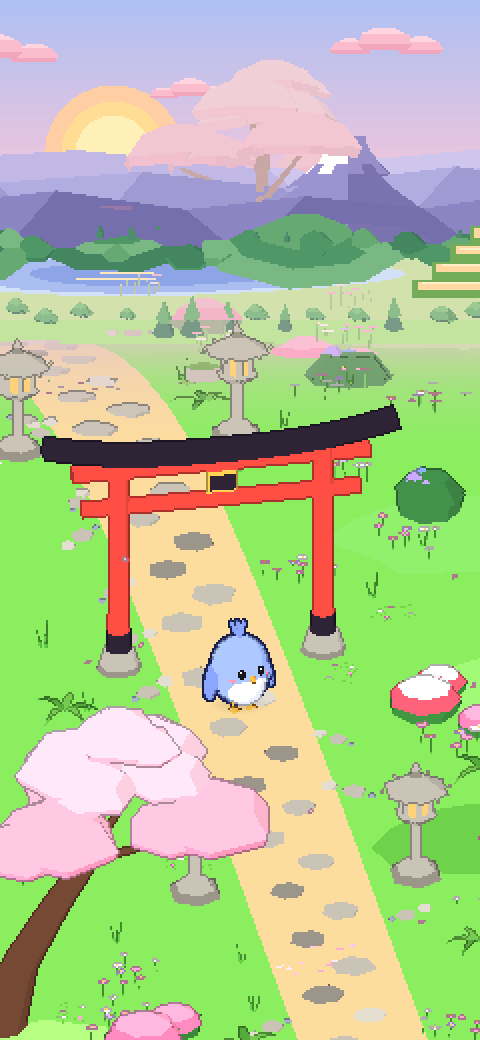 Puff passing a red torii gate and stone lanterns