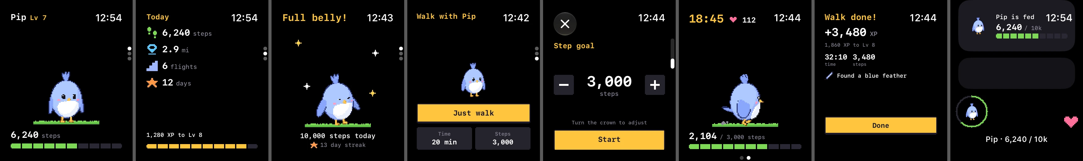Apple Watch screens: home, today, full belly, walk start, step goal, walking with heart rate, walk done, and complications